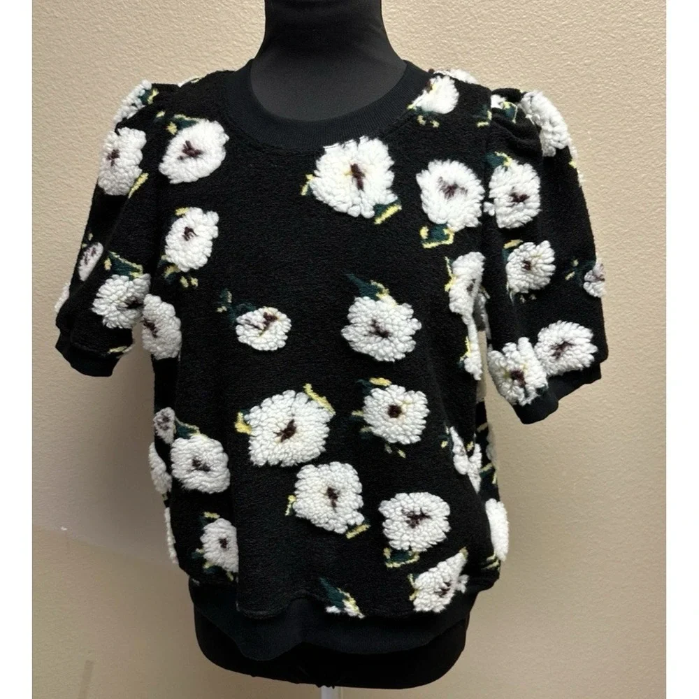 By Anthropologie NWT Medium Sherpa‎ Fleece Flowers Sweater Top Puff Sleeves